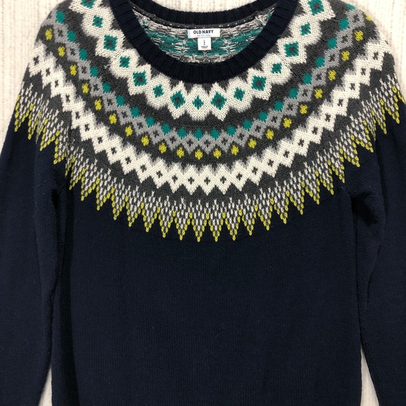 Old Navy Sweaters - Old Navy Womens Navy Blue Fair Isle Yoke Crewneck Sweater Size L Cotton Blend